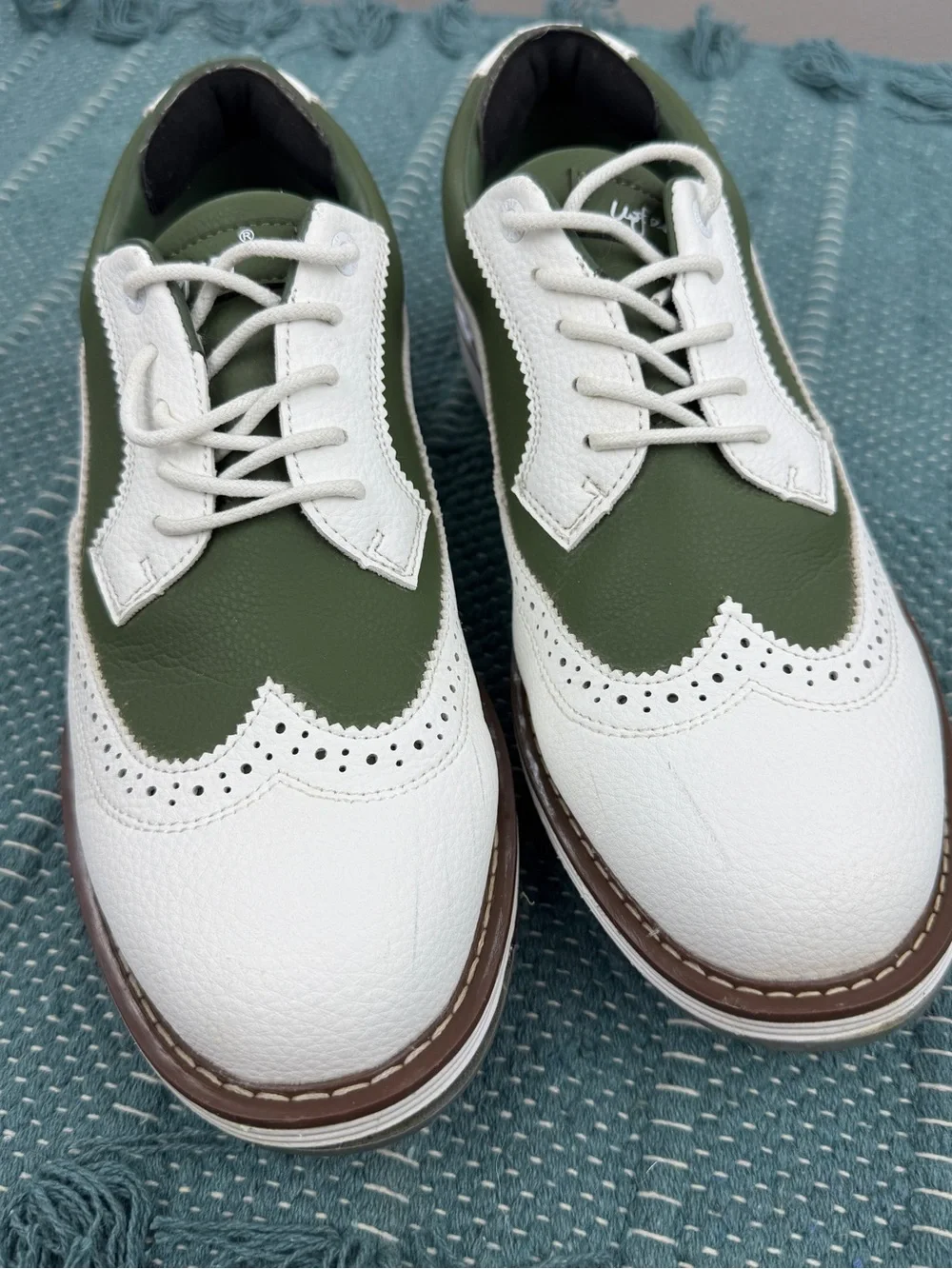 UOFEIY Men's Spiked Oxford Golf Shoes 10.5 White/Green